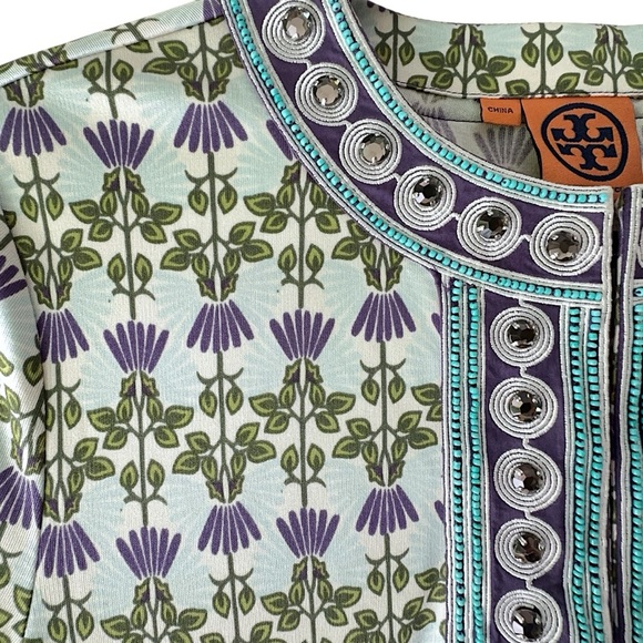 TORY BURCH | NWOT EMBELLISHED SILK FLORAL TUNIC BEADED JEWEL NECKLINE | SMALL - Picture 5 of 15